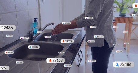 Poster - Animation of media icons over caucasian woman washing hands