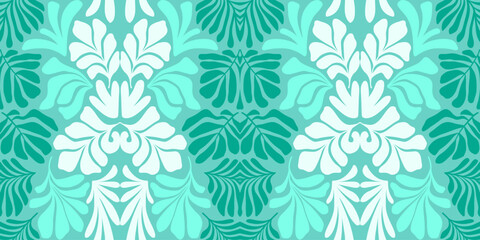  Turquoise white abstract background with tropical palm leaves in Matisse style. Vector seamless pattern with Scandinavian cut out elements.