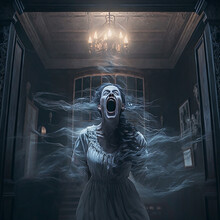 Illustration Of A Creepy Screaming Ghostly Woman, Ghostly Apparition, Victorian House, Cinematic, Horror, Generative Ai