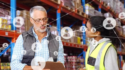 Poster - Animation of connected icons over diverse coworkers discussing inventory at warehouse