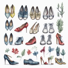 Set Of Many Different Shoes In Watercolor Artstyle. Generative AI