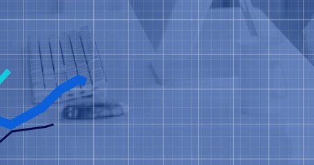 Poster - Animation of graphs over grid pattern against keyboard and computer on desk in office