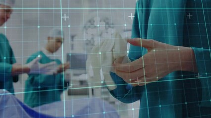 Poster - Animation of grid pattern over diverse surgeons wearing gloves to perform surgery in operation room