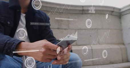 Poster - Animation of multiple graphs and loading bars over low angle view of biracial man using cellphone
