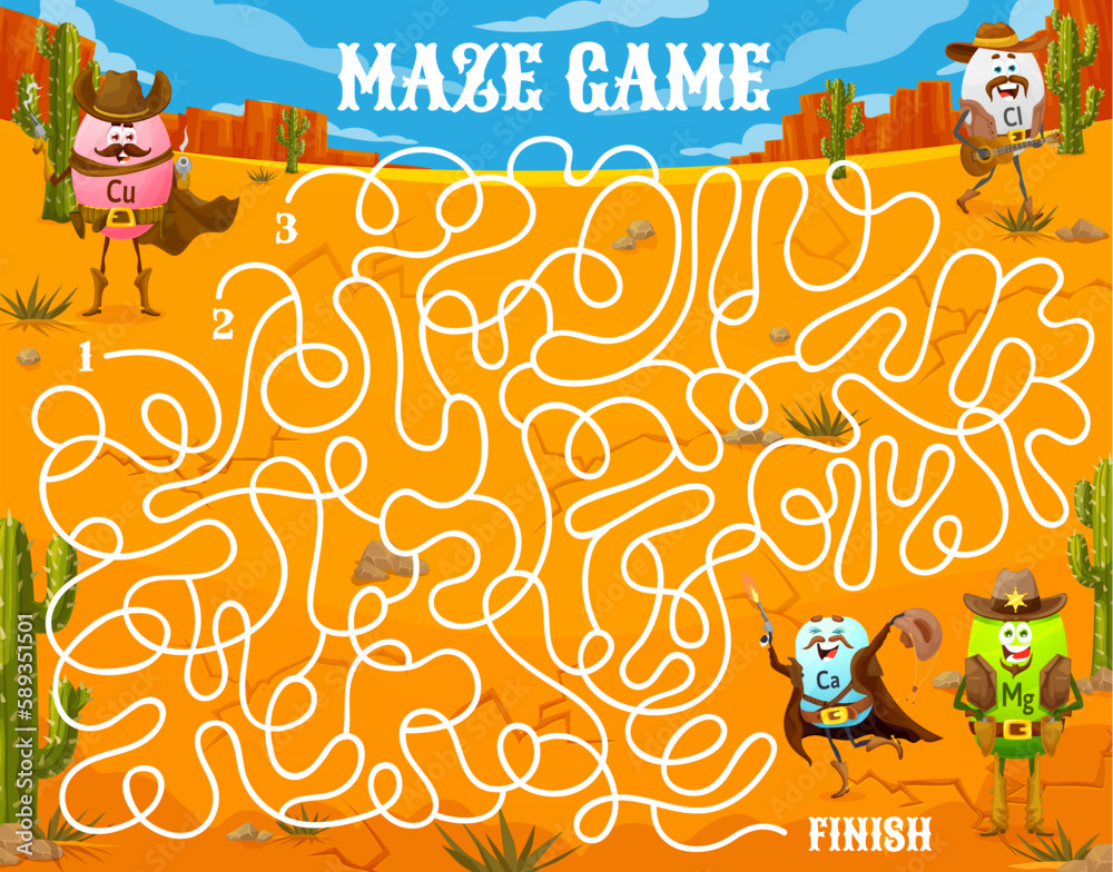 Labyrinth maze. Wild West cartoon cowboy, sheriff, bandit and robber ...