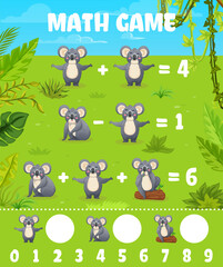 Poster - Funny koala bear characters math game worksheet. Vector mathematics riddle with funny tropical animal in jungle. Children arithmetic education and learning of calculation and numeracy, puzzle quiz