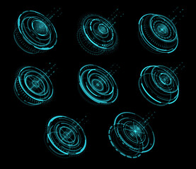 Fototapete - HUD circle holograms, digital futuristic technology or tech game vector interface, HUD screen UI of data circle holograms on display, future VR or virtual portal, teleport effect or Sci Fi elements