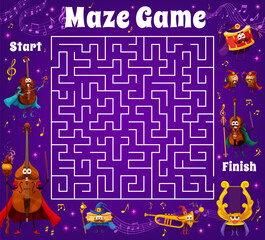 Poster - Labyrinth maze game wizard musical instrument characters, sound waves and notes. Kids vector riddle, test worksheet with drum, double bass, horn, violin or tambourine, castanets and harp sorcerers