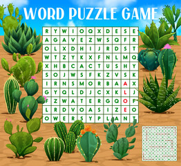 Aufkleber - Mexican prickly cactus succulents, word search puzzle game, vector kids quiz worksheet. Agave, aloe or opuntia thorn flowers in Mexican desert, entertainment brainteaser game to search word in grid