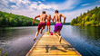 Friends leaping off a wooden dock into a sparkling lake