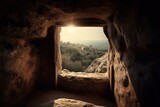 Fototapeta Mapy - View from the stone inhabited cave on the panoramic natural landscape made with generative AI