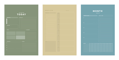 3 set of Daily, Weekly, Monthly Planner template. Make your day more easily and happy. Vector Print template.