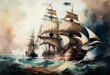 old british ship fighting old french ship watercolour Generative AI