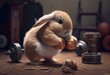 Cute Easter bunny working out with weights. Generative AI