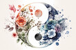 Floral ying yang symbol, watercolor meditation and mindfullnes lifestyle concept art, spiritual awerness, mental soul health, self care, healthy habit, relief generative ai	