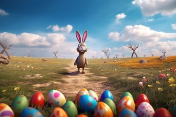 Cartoon easter bunny and colored eggs outdoors made with generative AI