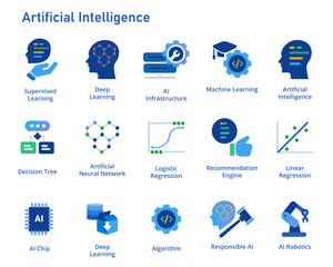 Wall Mural - Artificial intelligence icon set collection machine deep learning algorithm concept blue graphic