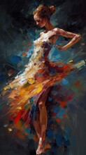 Abstract Colorful Woman Dancer Oil Painting. Swirling, Twirling, Dress Clothing Movement. 