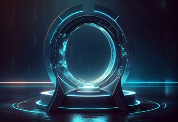 Wall Mural - A circular portal and a hologram are futuristic elements of a neon color circle. A standard podium or studio futuristic pedestal. A technological fantasy portal. 3d render. Generative AI