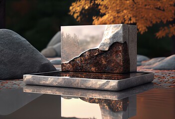 3D Natural granite stone podium with water puddle surround, zen fountain. Product presentation stand. Luxury mockup 3d render advertisement copy space mockup. Generative AI