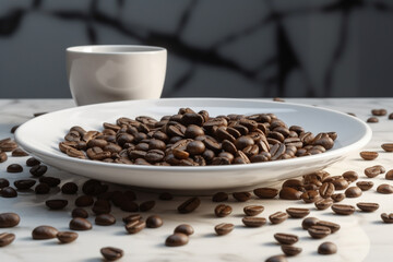 Wall Mural - Coffee beans sitting on a white plate - Generative AI