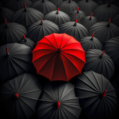 illustration of a red umbrella in the middle of hundreds of black umbrella.