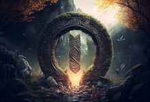 Fancy Shining Portal With Viking Rune, With Realistic Cgi 3D Illustration. Forest Landscape, Deep Color. Generative AI