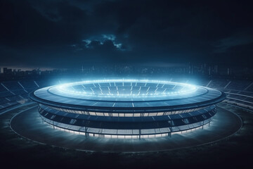 Poster - Grand blue neon digital stadium illuminated at night with spotlight empty space background, Generative AI	