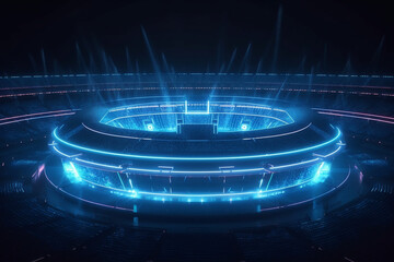 Poster - Grand blue neon digital stadium illuminated at night with spotlight empty space background, Generative AI	