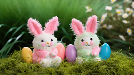 Adorable Easter bunnies in pink and blue in grass