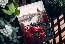 Oil Painting, Summer In London. Gentle City Landscape. Flower Rose And Leaf. View From Above Balcony. Big Ben, England, Wallpaper. Watercolor Modern Art. Red. Black And White. Generative AI