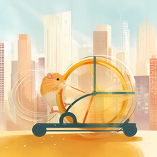 A Hamster Runs On A Yellow Wheel Inside A Small Apartment. The Cityscape Is Visible Through The Window, And A Small Water Bottle Is Attached To The Side Of The Cage. Generative AI.