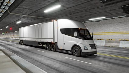 Wall Mural - White Electric Semi-Trailer Truck Driving through a Tunnel. 4k, 60 fps, chroma subsamlping 4:4:4, 3d-render