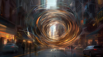 vortex of energy opening up in the crowded city. digital art illustrationcity. generative ai