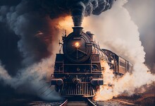 A Painting Of A Steam Engine Train Coming Down The Tracks With Smoke Billowing Out Of It's Stacks And Steam Coming Out Of It's Stacks.  Generative Ai
