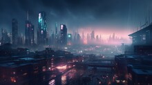 Futuristic Cityscape: A Cinematic, Neon-Lit Cyberpunk Atmosphere Driven By Revolutionary Neural Networks And Hyper-Detailed HUID Interfaces, Generative Ai