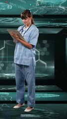 Poster - Animation of biracial female doctor over data processing