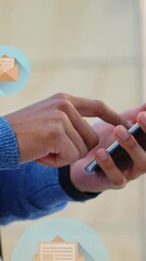 Poster - Animation of mail icons over midsection of biracial man using smartphone