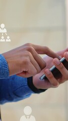 Poster - Animation of user icons over midsection of biracial man using smartphone