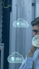 Poster - Animation of clouds with increasing numbers over smiling caucasian man standing at servers