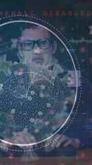 Poster - Animation of scope scanning and virus cell over caucasian man using computer