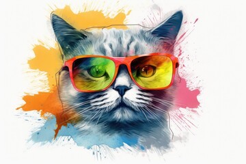  cat in sunglasses realistic with paint splatter abstract