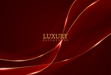 Wall Mural - Red soft wavy luxury abstract background with golden sparkly lines.