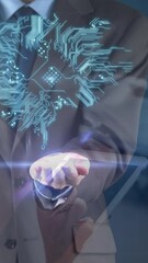 Poster - Animation of caucasian businessman and brain with computer circuit board over diverse doctors