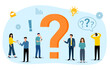 Businesspeople with big question mark in flat design. Employee asking questions concept vector illustration. Working problem.