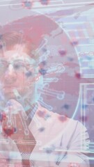 Poster - Animation of covid 19 cells and data over caucasian male doctor