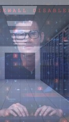 Poster - Animation of cyber attack warning text and numbers processing over male hacker and computer servers