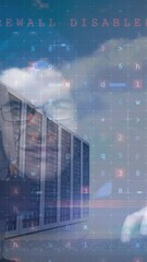 Poster - Animation of cyber attack warning over diverse people in server room