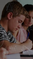 Poster - animation of mathematical equations over school children writing in classroom