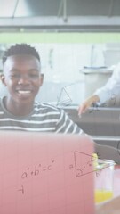 Poster - animation of mathematical equations over school children using laptop in classroom